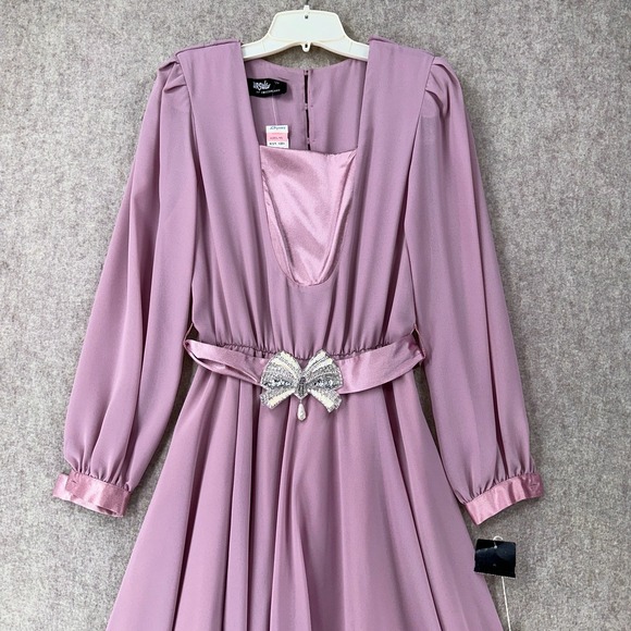 NEW VTG Ursula A Line Midi Dress Chiffon Mauve Pink 7/8 Long Sleeve Beaded Belt - Picture 3 of 14